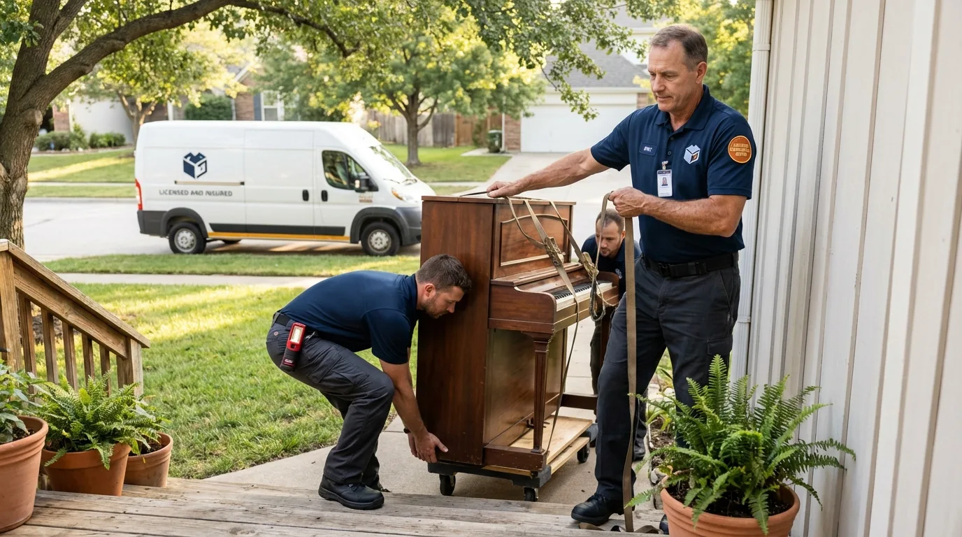 Licensed piano movers securing grand piano in Leesburg, AL