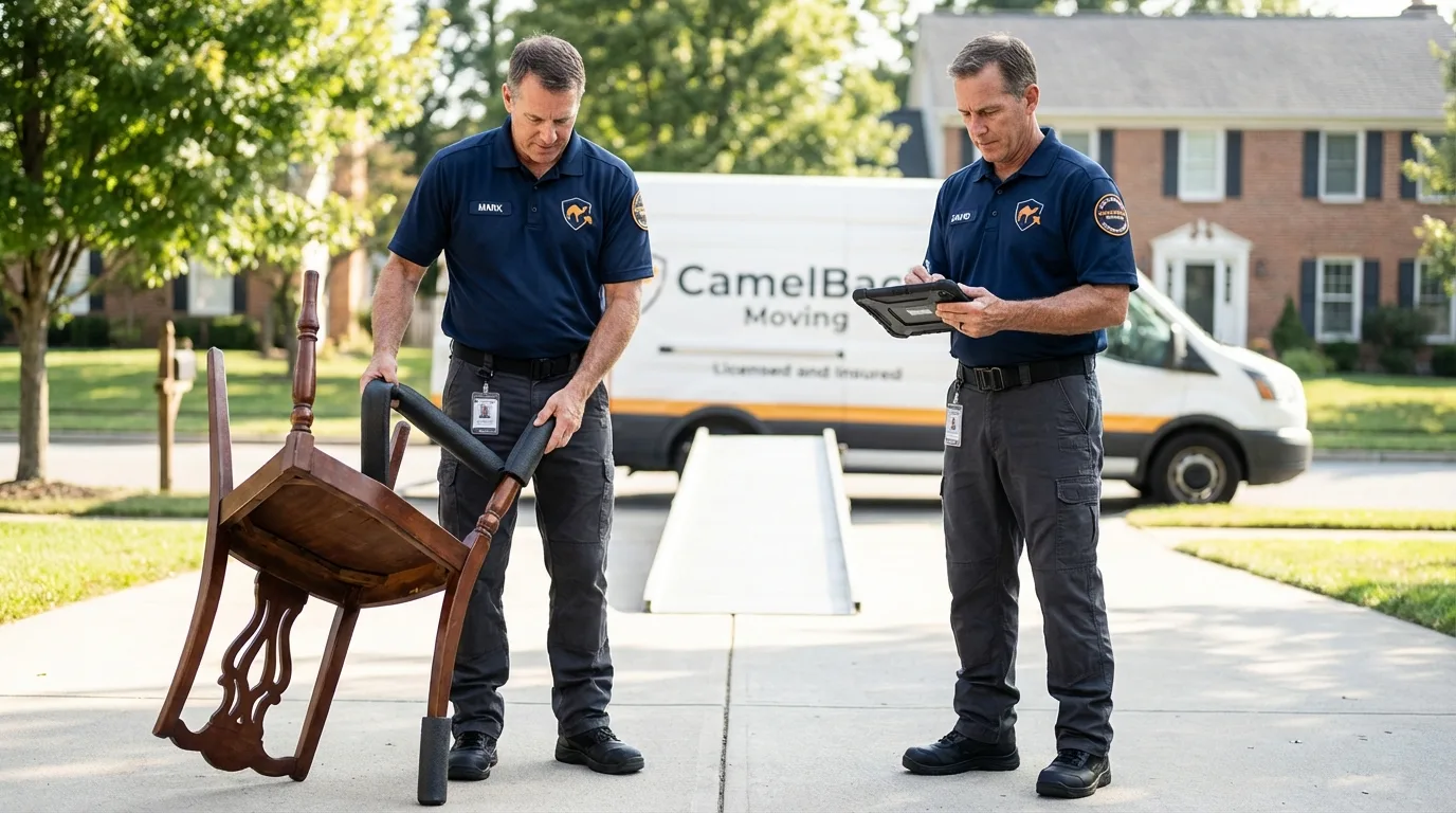 Movers inspecting furniture for damage prevention before loading in Leesburg, AL