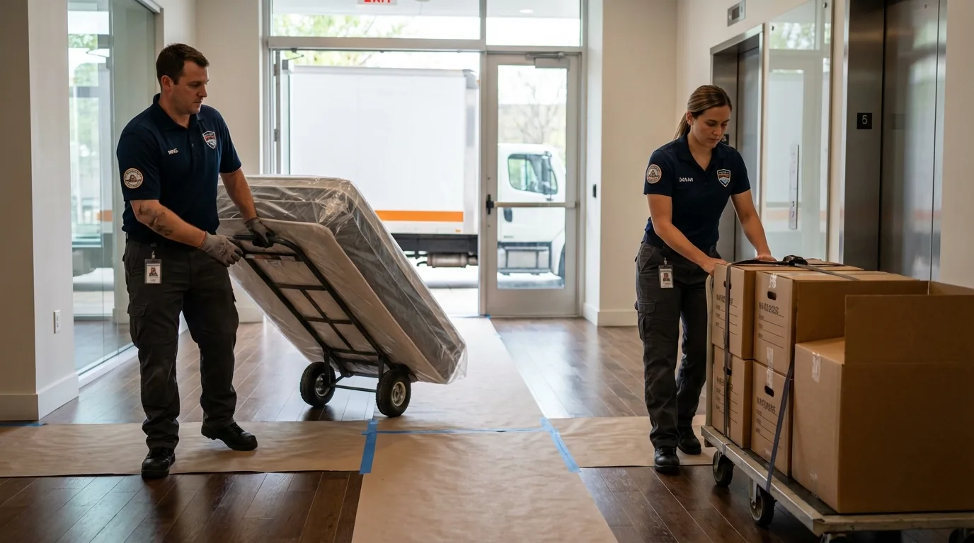 Professional apartment movers loading elevator in Leesburg, AL